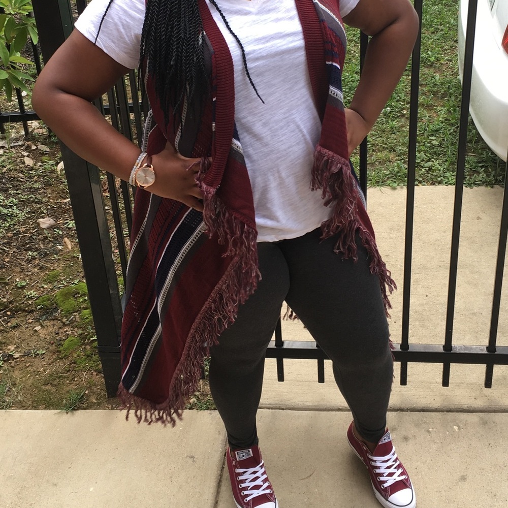 Maroon navy blue gray and white cardigan